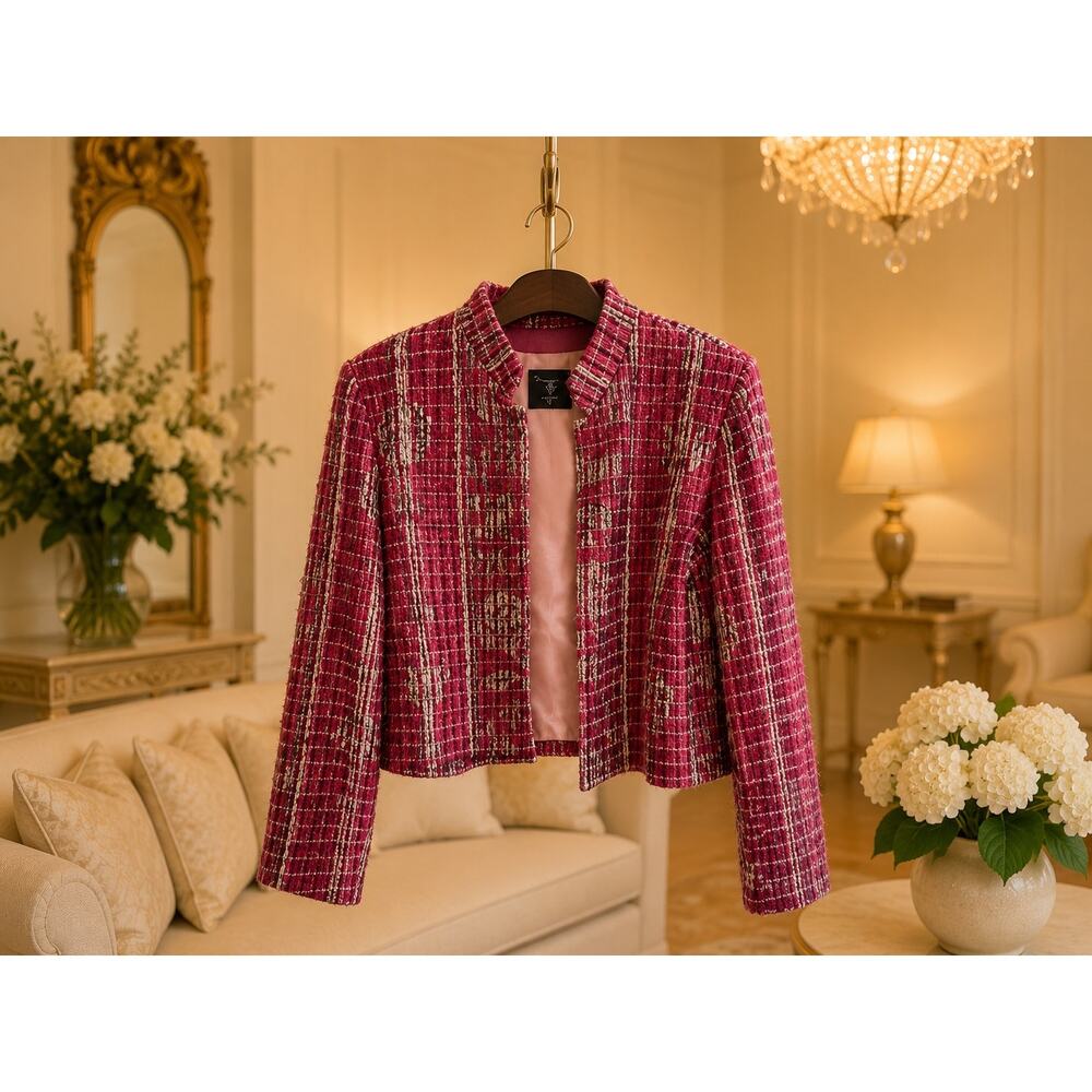 Hildegard Handwoven Red Metallic Tweed Jacket Mandarin Collar Lined Blazer Chic